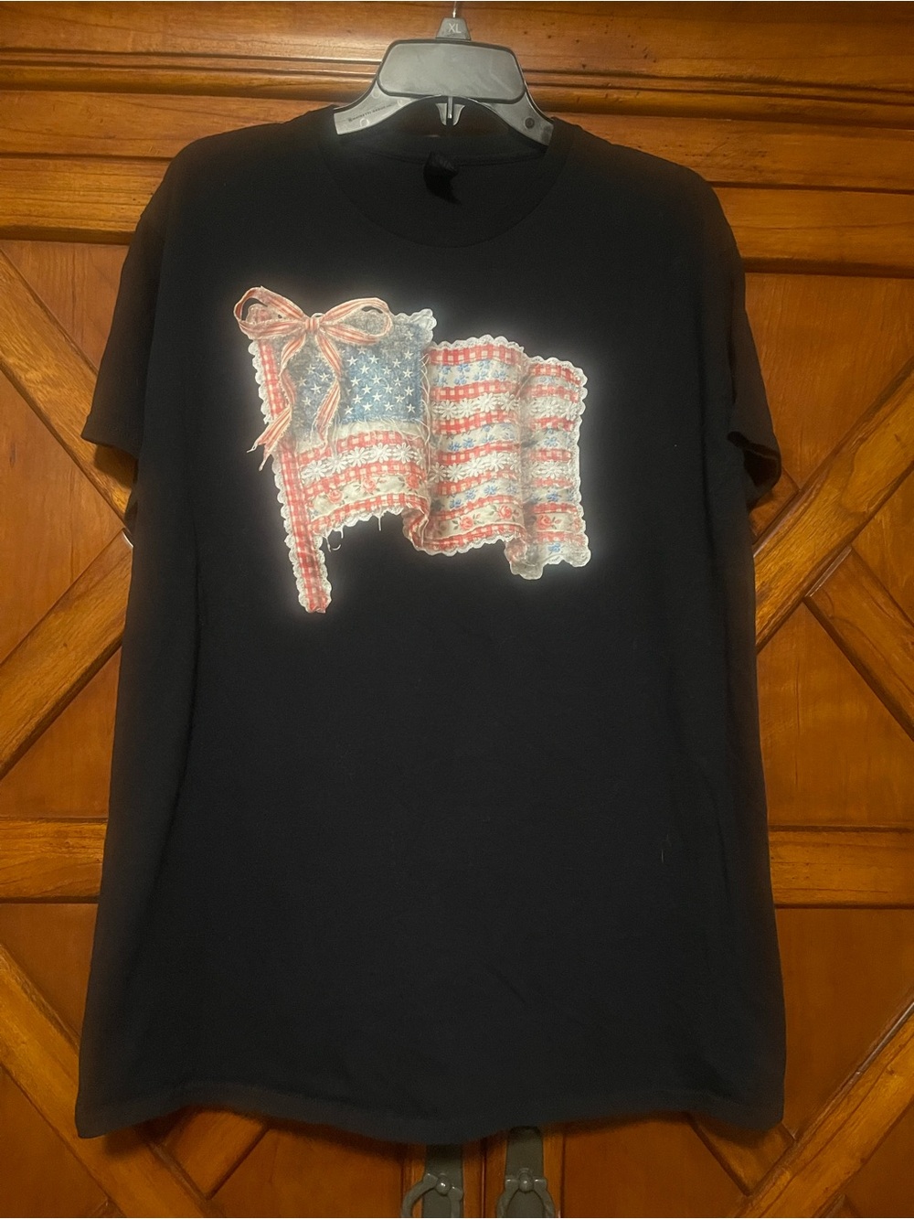 Gildan Black Tee with Red, White & Blue Flag Bow Graphic